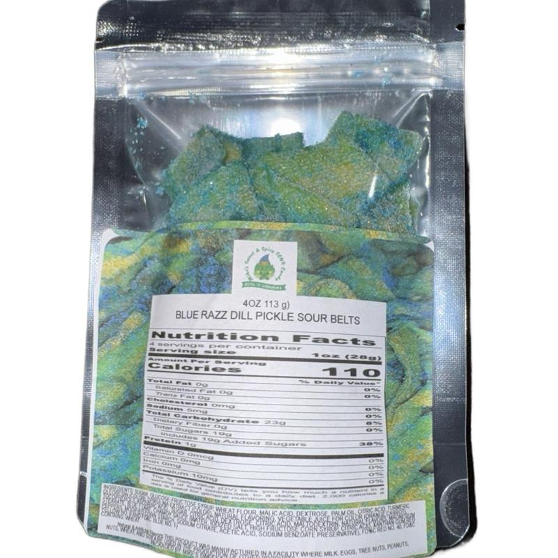 BLUE RAZZ DILL PICKLE BELTS 4oz (2 Packs) Candy Snack